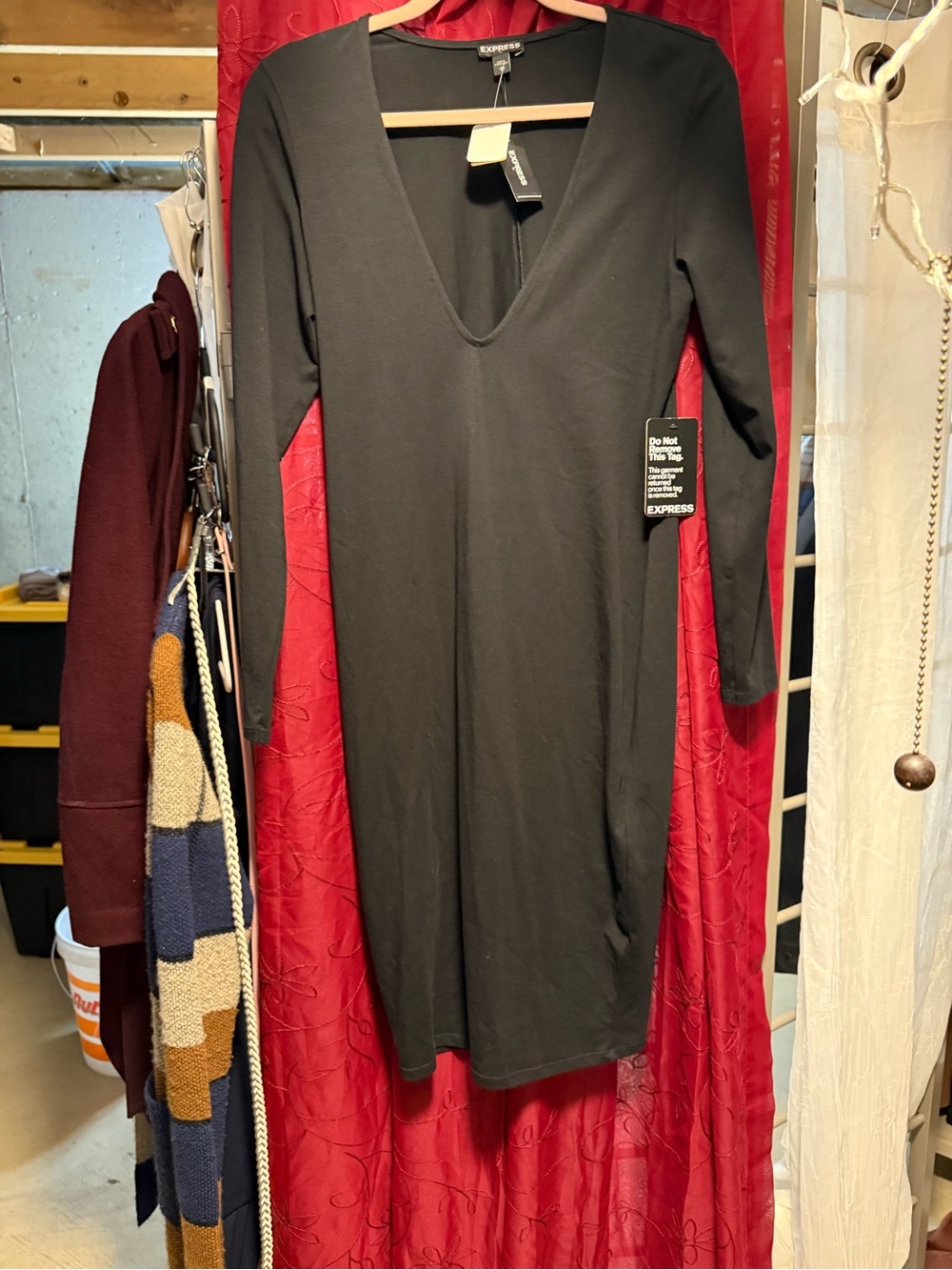 Express Black Deep V-Neck Long Sleeve Dress